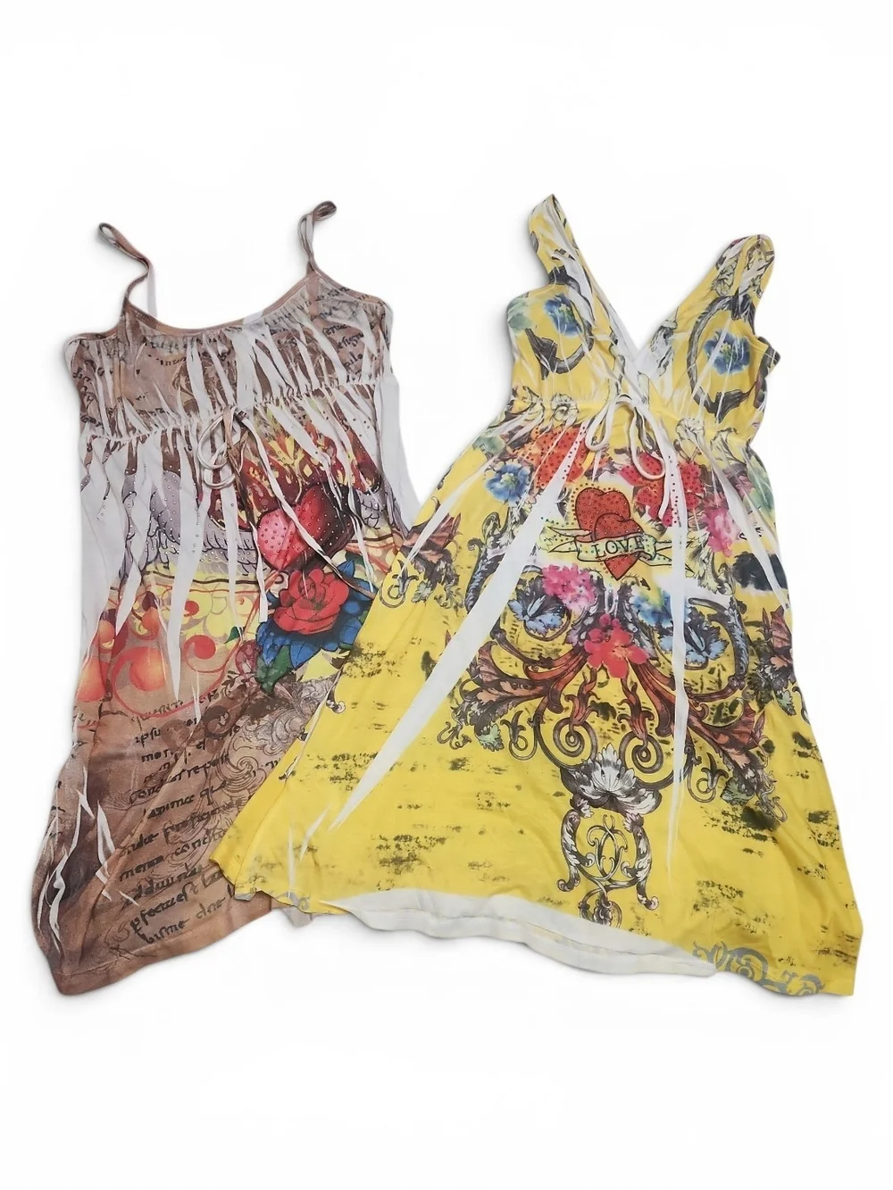 Y2K Babydoll Tatoo Mini Dresses Heart Rhinestone Ed Hardy Style Paper Thin Beach